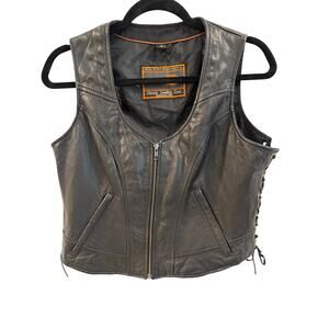 Women's Black Leather Motorcycle Vest with Side Lacing and Zip Front